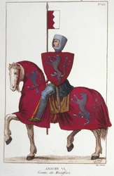 Amaury VI, Montfortin kreivi (v.1192-v. 1241), menetti osan isänsä Simon IV:n linnoituksen valloituksista ja luovutti oikeutensa etelään Ranskan kuninkaalle Louis VIII:lle. Kaiverrus vuodelta 1830.