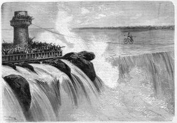 Amerikkalainen Jenkins ylitti Niagaran putouksen Velocipedellä vuonna 1869.