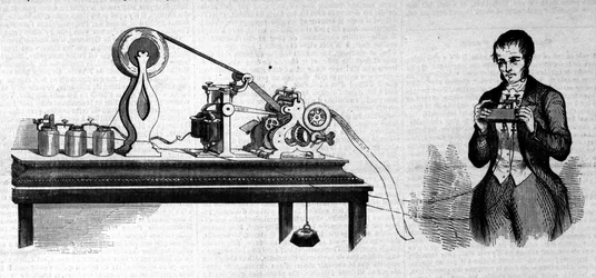 Amerikkalainen keksijä Samuel Finley Breese Morse (1791-1872) edustaa lennätinensä vieressä. Kaiverrus 1800-luvulta