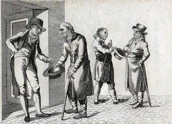 Amone. Kerjäläiset pitävät hattuja kolikoiden vastaanottamiseksi. Kaiverrus 1700-luvulta. Yksityinen kokoelma.