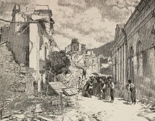 Maanjäristyksen jälkeisten raunioiden keskellä Balliazzin rantalomakohteessa Italiassa.