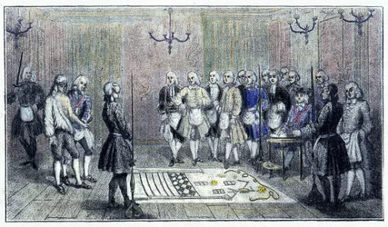 Oppipoikaloosi Pariisissa noin vuonna 1740: tämä kohtaus esittää vapaamuurarioppipojan vastaanottamista (lattialla oppipoikaloosin maalaus) - aikakauden kaiverruksen mukaan.