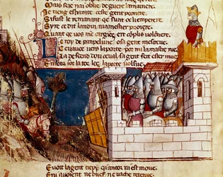 Armeija (Pamplonan kuninkaalta?) turvautuu linnaan ja kiipeää Miniature Levis -sillalle "" Entrree of Spainista"". 1300-luvun Venetsia, Biblioteca Marciana.