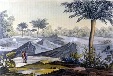Alkuperäiskansojen mies näyttää Humboldtissa vulcancitosia lähellä Turbacoa Ecuadorissa. Alexander Von Humboldtin kirjasta (Alexandre de Humboldt
