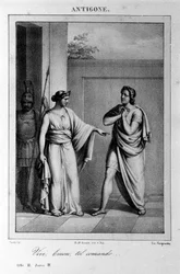 Antigone Act I, kohtaus 3. Vittorio Alfierin italialainen tragedia vuonna 1783 kreikkalaisen mytologian mukaan. Kaiverrus 1700-luvulta.