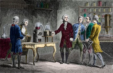 Antoine Laurent Lavoisier (1743-1894) suorittaa la decomposition de l