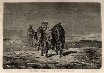 Arabbeduiinit, pantterinnahat ja lampaanvillakauppiaat matkalla Bagdadin (Irak) marssiin. Guillaume Lejeanin kaiverrus havainnollistamaan Babylonin matkaa vuonna 1866 "Le tour du monde, nouveau journal des voyages" -julkaisussa, joka julkaistiin dire
