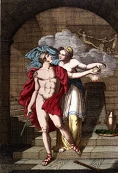 Arianne antaa Theseukselle langan, jotta tämä pääsee ulos sokkelosta - Dizionario mitologicossa