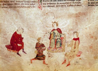 Arthurian legenda: "" Kuningas Arthur valtaistuimellaan ympäröi neuvonantajansa"" Miniatyyri "" Meliadus, Tristanin veli"" 1300-luvun Venetsian Biblioteca Marciana