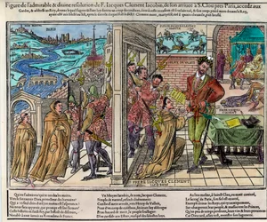 Ranskan kuninkaan Henrik III:n (1551-1589) murha dominikaanin ja katolisen liigan uskonnollisen kannattajan Jacques Clémentin (1567-1589) surmaamana 1. elokuuta