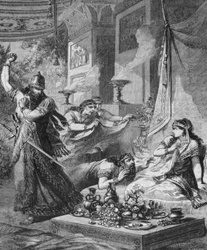 Assuerus 1er (Xerxes 1er) löytää Amanin (Hamanin) Esterin jaloista.