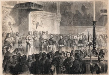 Paavi Pius IX (Pio) (1792-1878) ulkomaalaisille kirkollisille Sikstuksen kappelissa (cappella sistina) Roomassa 26 "Japanin marttyyrin", ristiinnaulitun katolisen ryhmän, kanonisointijuhlissa. Japanissa vuonna 1597