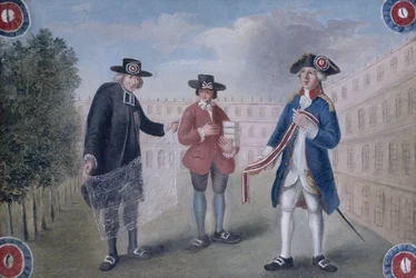Kolmelle säädylle. Palais-Royalissa toimivan kokardikauppiaan kyltti. Palais-Royal