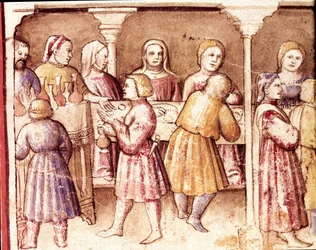 Juhlakohtaus Padovan rikkaassa kartanossa Miniatyyri koodista 212 (tai Padovanon koodista tai Padovan Raamatusta) 1390-1400 Rovigo, Accademia dei Concordi