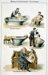 Kylpyammeet ja sähköhoito: 1) Kylpyamme, 2) Istuinkylpy, 3) Runkokylpy, 4) Takaisin kylpyyn, 5) Sähköhoito - "Bilz, Natural Medicination" -osastolla, 1800-luvun loppu