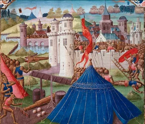 Taistelukohtaus Carthage-miniatyyrinä "" Rooman historiasta"" (Ad urbe condita), kirjoittaja Tite Live (59 eKr.-17 jKr) (Titus Livius), kääntäjä Pierre Bessuire 1450-1500 Chantilly, Musee Conde