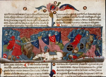 Taistelukohtaus, panssarisoturit törmäävät toisiinsa Yksityiskohta käsikirjoitussivusta "The Facts of the Romans" (Ms. 1538) noin 1340 Firenze, Biblioteca Riccardiana