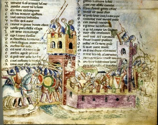 Taistelukohtaus linnoitetussa linnassa. Miniatyyri Benoît de Sainte-Mauren teoksesta ”Roman de Troie”.
