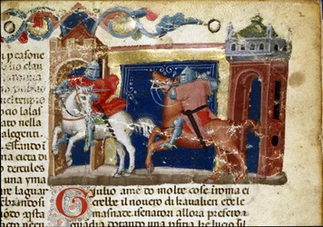 Taistelukohtaus, kaksi panssariritaria vastakkain. Yksityiskohta käsikirjoitussivusta "The Facts of the Romans" (Ms. 1538) noin 1340 Firenze, Biblioteca Riccardiana