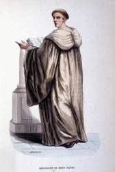 Benedictine of Mount Olivet tai Olivetain, uskonnollinen veljeskunta, joka perustettiin Sienassa 1300-luvulla. Kaiverrus 1800-luvulta. Coll. privee, Milano.