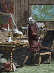 Benjamin Franklin (1706-1790), filosofi, fyysikko ja Yhdysvaltain suurlähettiläs laboratoriossaan Philadelphiassa.
