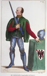Bertrand du Guesclin (Duguesclin) (n. 1320-1380). Ranskan konstaapeli. Kaiverrus vuodelta 1830.