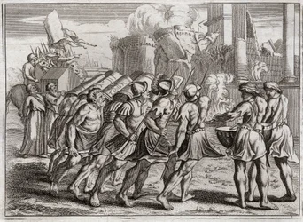 Royaumontin raamattu, Vanha testamentti: otettu Jerikosta. Jerikon muurit putoavat maahan Herran liitonarkkia edeltäneiden pappien trumpettien soidessa. Kuvitus vuodelta 1811.
