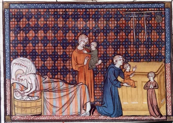 Ranskan kuninkaan Ludvig IX:n tai Saint Louisin (1214-1270) syntymä ja koulutus. Miniatyyri William of Saint Pathusin käsikirjoituksesta "Saint Louisin elämä ja ihmeet".