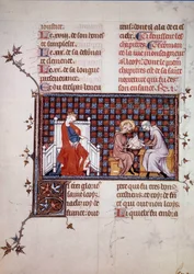 Blanche de Castille, Ranskan kuningatar (1188-1252), ohjasi poikansa Ludvig IX:n (1214-1270) koulutusta (Saint Louisin miniatyyri William of Saint Pathusin käsikirjoituksesta "Saint Louisin elämä ja ihmeet". 1320. Pariisi , B.N.
