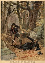 Verinen taistelu salametsästäjän ja poliisin välillä Bezierin läheisyydessä. Kaiverrus "" Le petit Journal" -lehdessä 10.3.1895. Selvan kokoelma.