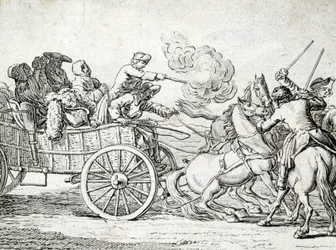 Prikaat hyökkäävät kärryn matkustajien kimppuun. 1700-luvun anonyymin kaiverrus.