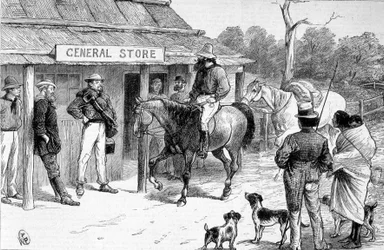 Bush-kauppa Australiassa, noin 1880.