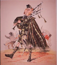 Karikatyyri Highlandin piippusta