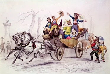 Karnevaali. Fetards naamioituja vaunuissa. Kaiverrus vuodelta 1846. Pariisi, karnevaalimuseo
