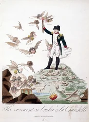 Sarjakuva Napoleonista I, jonka kuvasin luurankojen peittämälle kukkulalle pitelemässä kynttilää, joka polttaa lepakkohahmojen (Merlin de douai, Regnault...) siivet. - Napoleon I:ssä, karikatyyrejä, nuken kokoelma. 1814 - 1815. B.H.V.P.