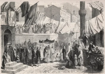 Katolinen kulkue Konstantinopolin kaduilla Fete Dieu -juhlan (Fete-Dieu) yhteydessä - kaiverrus "" Maineikas maailma""