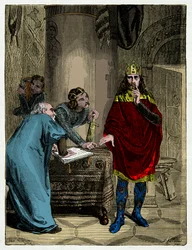 Kaarle Suuri sanelemassa kapitulaariaan ministerilleen Alcuinille (732-804), Kaiverrus 1800-luku
