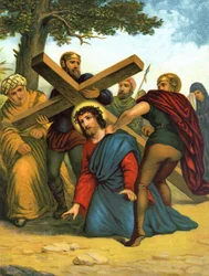 1800-luvun lopun kromolitografia, joka kuvaa Kristuksen elämää: Jeesus lankeaa ensin ristin alle.