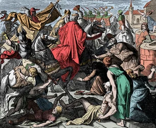 Konrad I Nuorempi matkalla kruunajaisiin - Germanian Konrad I (kuoli 918) kruunattiin Länsi-Frankian kuninkaaksi vuonna 911 - Carl Ferdinand Obermannin (1823-1910) puupiirros