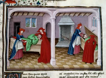 Kuolema Potilaalla on tuskaa. Hänen kuolemansa jälkeen hänen ruumiinsa pannaan arkkuun. Miniatyyri Jean Boccaccion (Giovanni Boccaccio) (1313-1375) Le decameronista 1450 Pariisi, Arsenaalin kirjasto