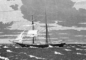 Joulukuussa 1872 Mary Celeste löydettiin hylättynä keskellä Atlantia, Azorien saarilta. Kapteeni, hänen vaimonsa ja heidän kaksivuotias tyttärensä sekä kahdeksan miehistön jäsentä katosivat. Kaiverrus 1800-luvulta.