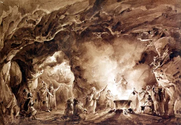 Giuseppe Verdin (1813 - 1901) säveltämän oopperan "" Macbeth" - sisustus. Aquatintea käytettiin vuoden 1847 ensimmäisen painoksen kannessa.