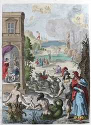 Erilaiset metamorfoosit, etualalla Scylla ja häneen rakastunut merijumala Glaucos, taustalla Anaxareten hirtetty Iphis rejetes. Kuva otettu Ovideksen (43 eKr.-17 jKr.) kirjasta XIV "" Metamorphoses"" (Metamorfosi). Kaiverrus 1
