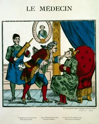 Doctor Scene edustaa potilasta tutkivaa lääkäriä, hänen assistenttinsa takanaan pitelee ryppyä. Kaiverrus 1800-luvun Pariisista, B.N.
