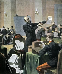Dreyfusin tapaus. Grafologian asiantuntija Alphonse Bertillon hylkäämässä Rennesin oikeudenkäynnissä