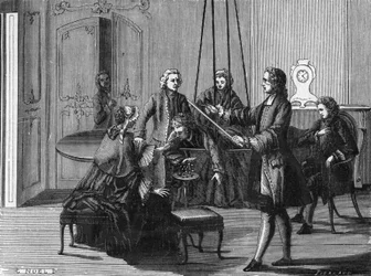 Dufay kokemus. Charles François Du Fay (Dufay?) (1698 - 1739), ranskalainen kemisti ja fyysikko osoitti, että sähkökipinöitä voidaan vetää ihmiskehosta. Kaiverrus Science Albumista. Ranska 1800-luku.
