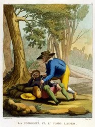 Helppous tekee ihmisestä varkaan. Kuvitus 1700-luvun sananlaskujen kokoelmasta.