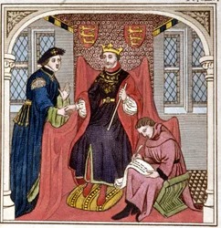 Edward III (1312 - 1377) sai Flanderin kreivin Guyn. Kaiverrus 1700-luvun lopulta. Bibl. di Brera, Milano.