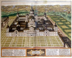 Kaiverrus, joka edustaa Escorialin tai Escorialin palatsia Espanjassa. sd. 17. vuosisata.