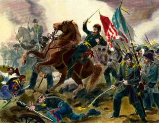 Episodi of the Secession War (1862-1865) tai sisällissota Yhdysvalloissa: Amerikkalainen Union Forces -kenraali Ulysses Simpson Grant (1822-1885) taistelussa Konfederaation osavaltioiden joukkoja vastaan. Kaiverrus 1800-luvun Private Collectista